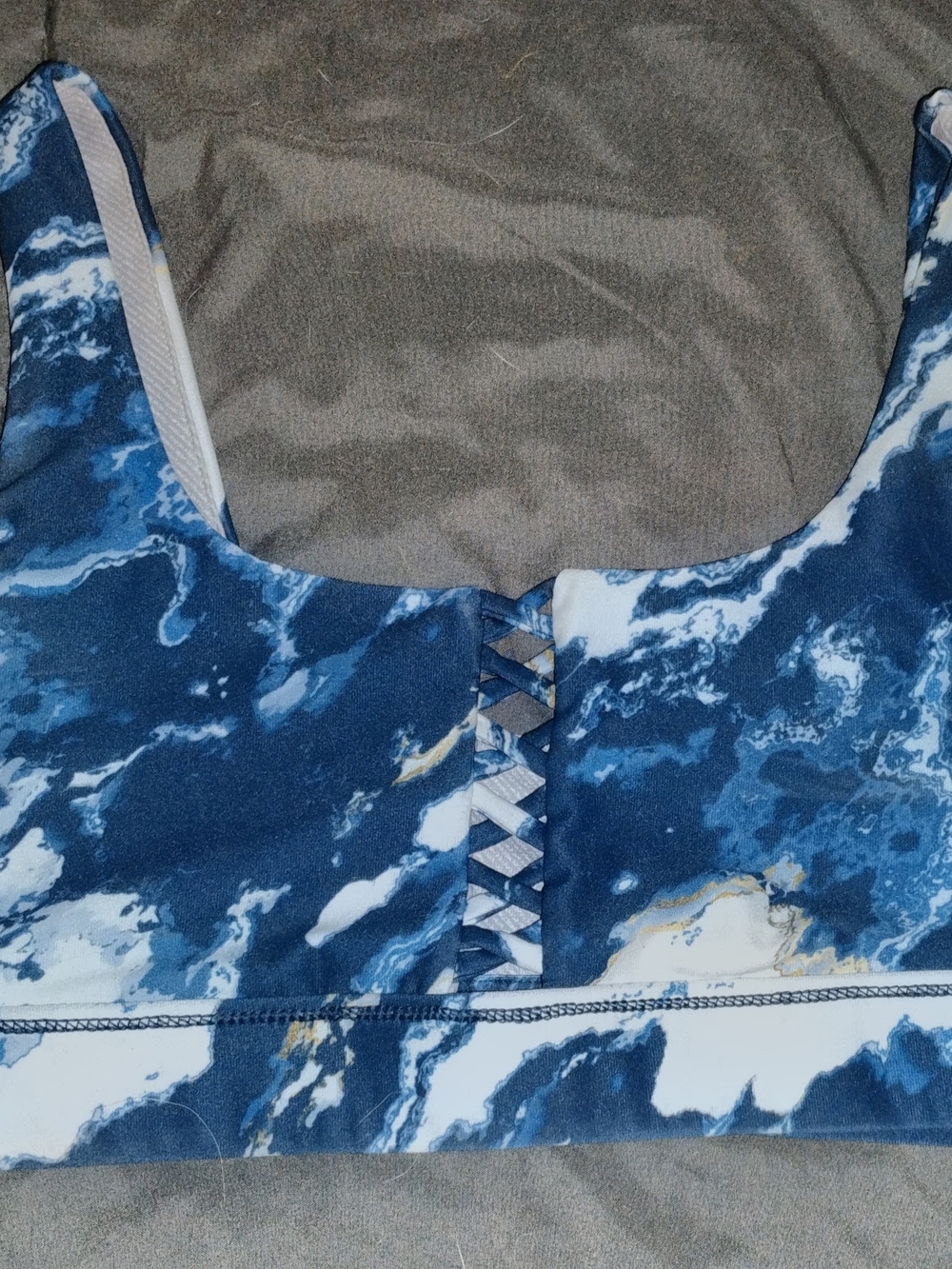 Blue Marble with Front Lattice and Black Avia Sports Bras